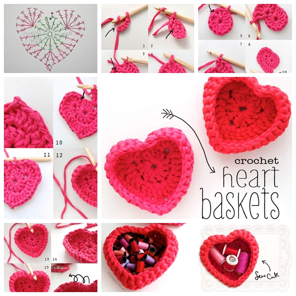 Crochet Heart Shaped Storage Baskets F