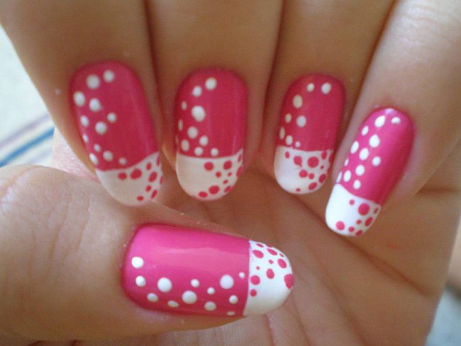 pink and white polka dots nails