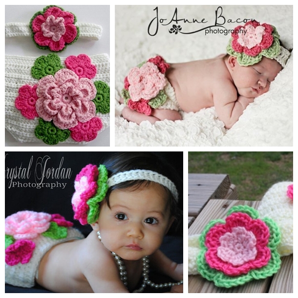 crochet diaper cover and flower headband set F