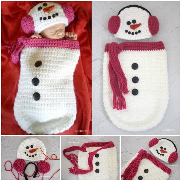 Crochet Snowman Ear Muff Hat and Cocoon wonderfuldiy