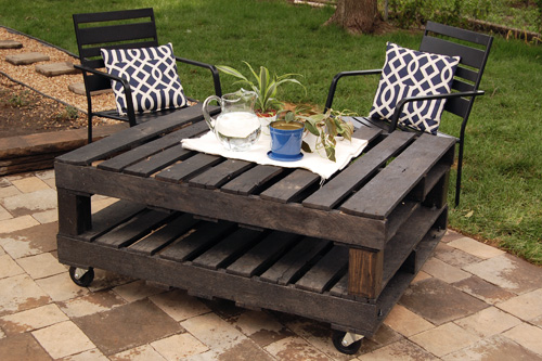 Turn two wood pallets into one fabulous rolling table.