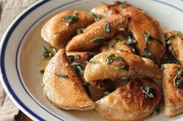Cheddar perogies with sage butter sauce