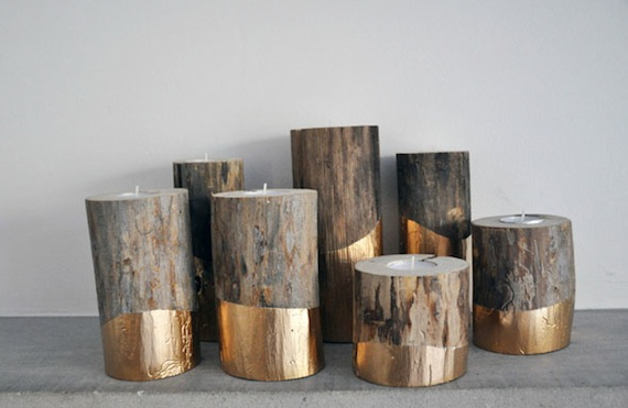 Gold tipped log candle holders