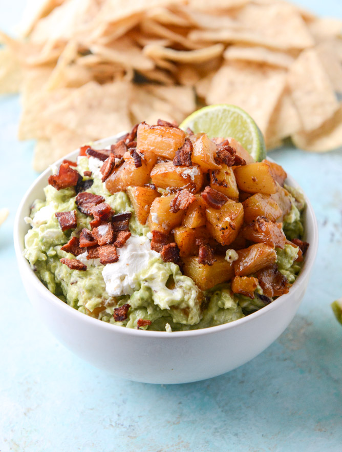 Caramelized pineapple, bacon, and goat cheese guacamole