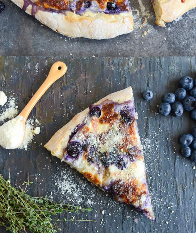 Blueberry pizza with whipped ricotta and caramelized shallots