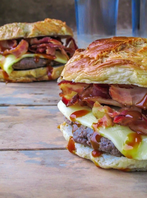 Barbecue, bacon, and gouda bagel