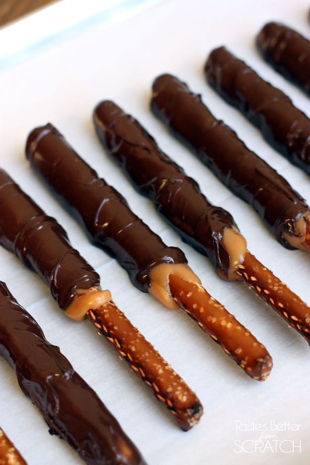 Caramel and chocolate dipped pretzel sticks