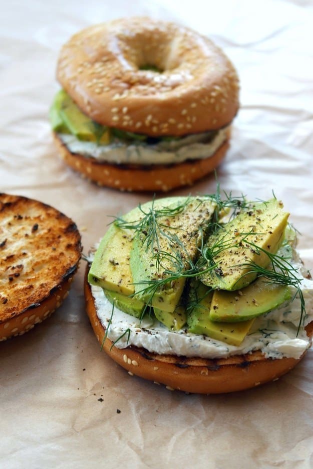 Dill cream cheese and avocado bagel sandwich
