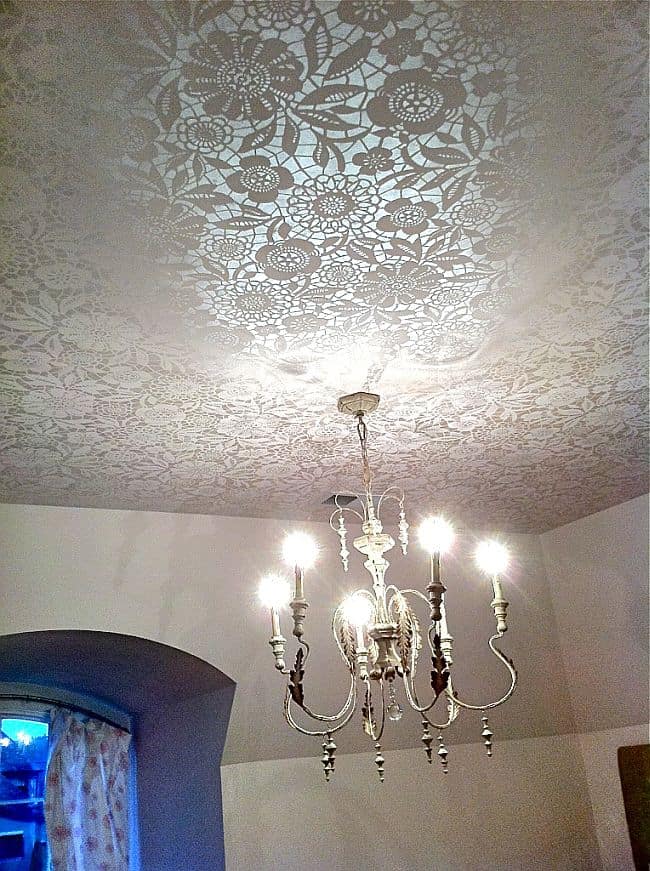 Gorgeous DIY Lace stenciled ceiling
