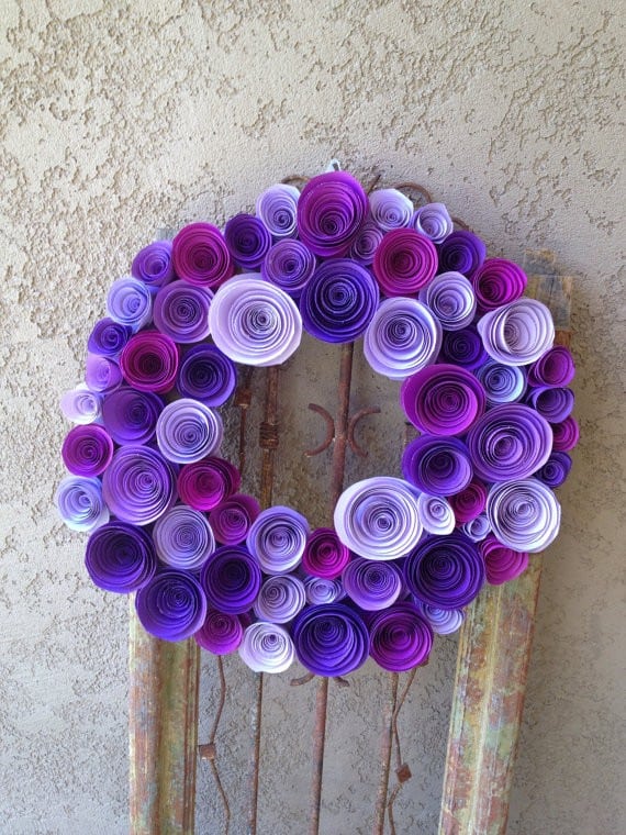 Purple ranunculus paper flower wreath