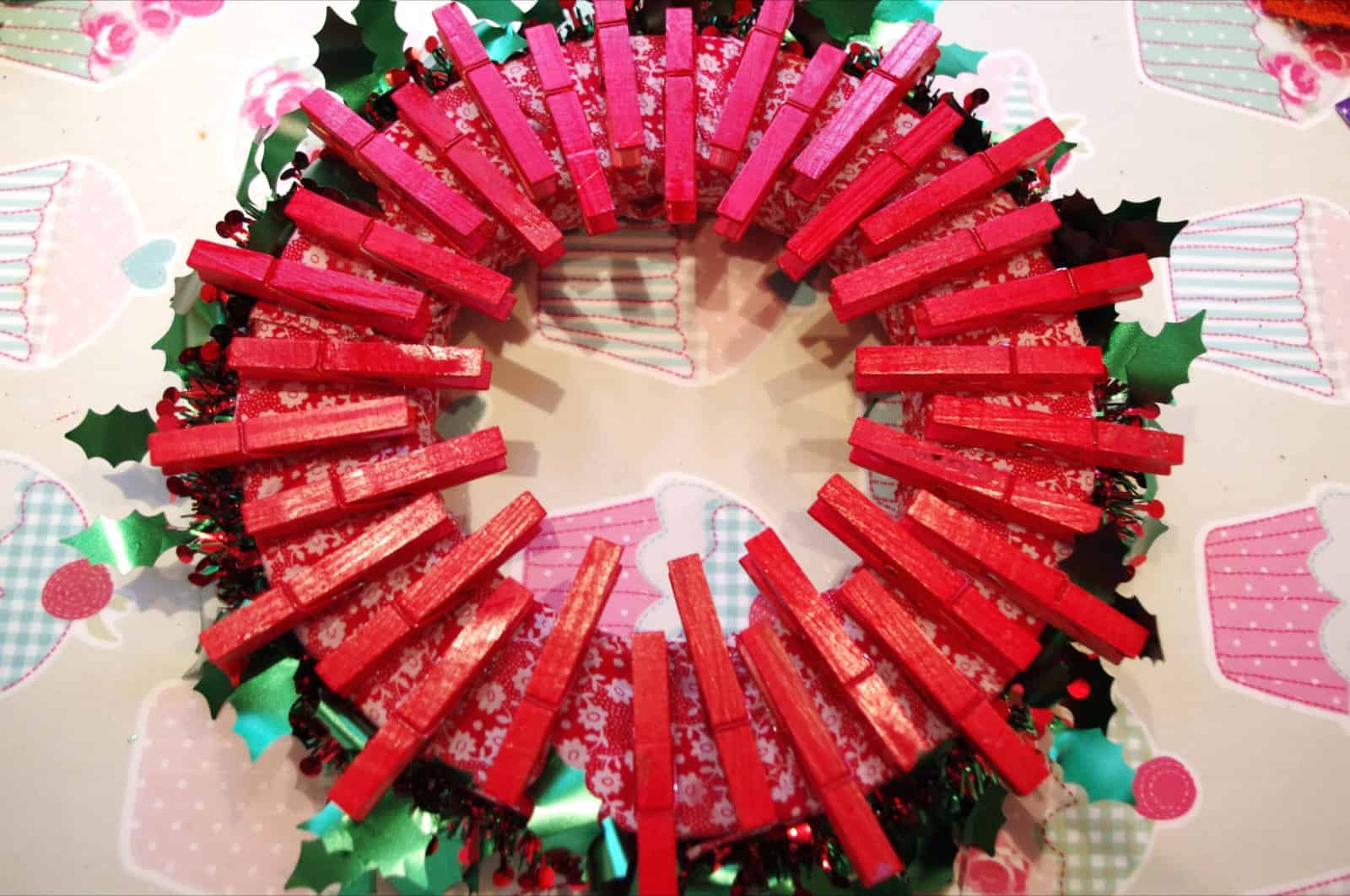 Fabric and clothespin Christmas wreath