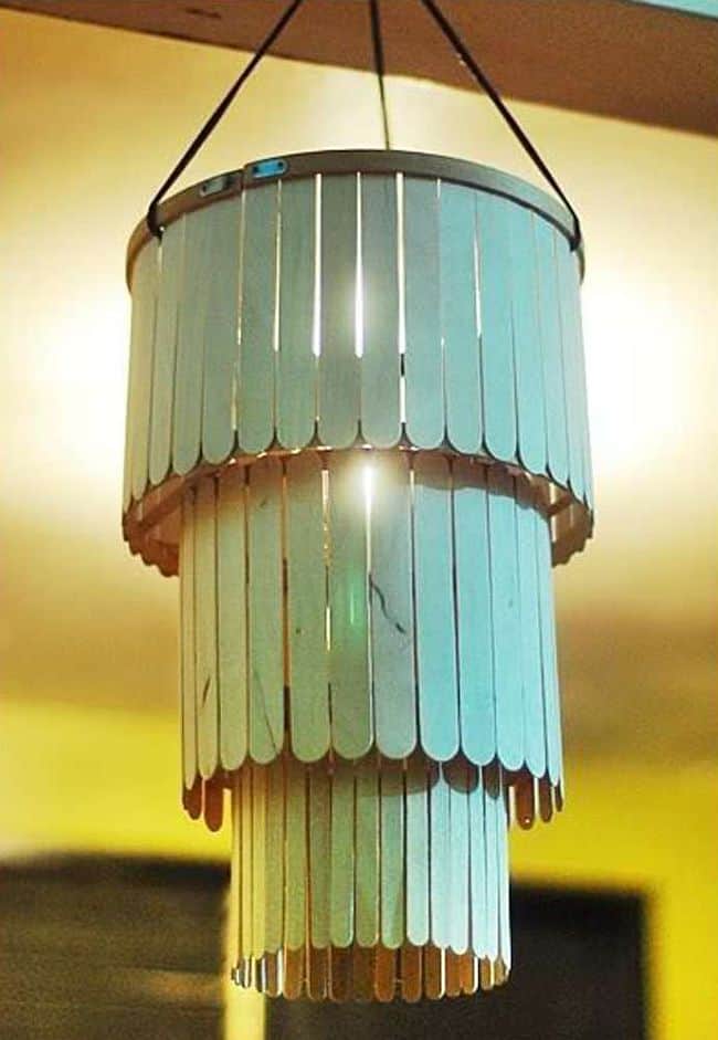 Chandelier crafted from popsicle sticks
