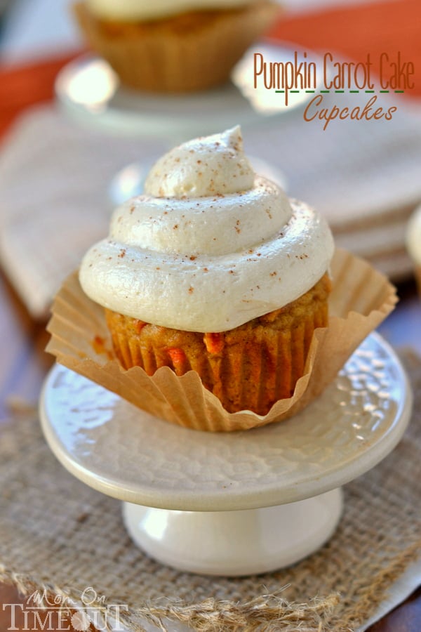 Pumpkin carrot cake cupcakes with maple cream cheese frosting