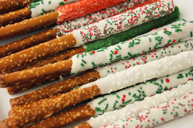 White chocolate dipped Christmas pretzels