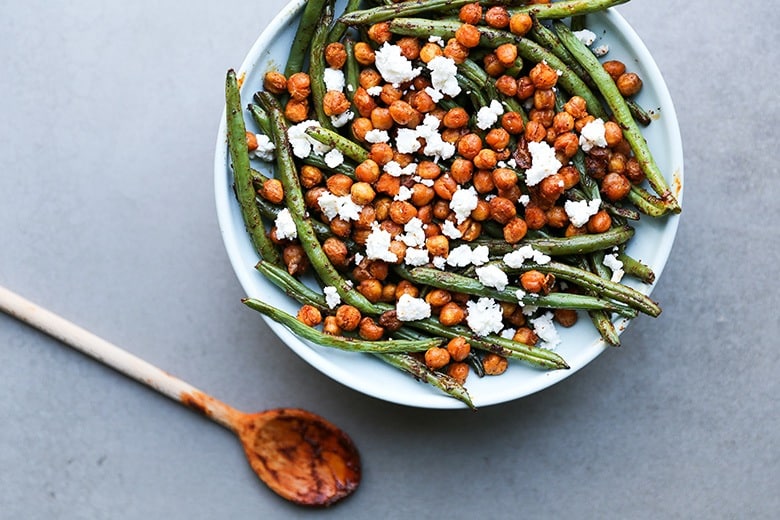Harissa green beans with spiced chickpeas and feta cheese