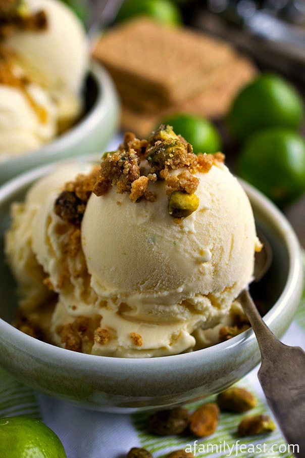 Key lime ice cream with graham cracker and pistachio crumb topping