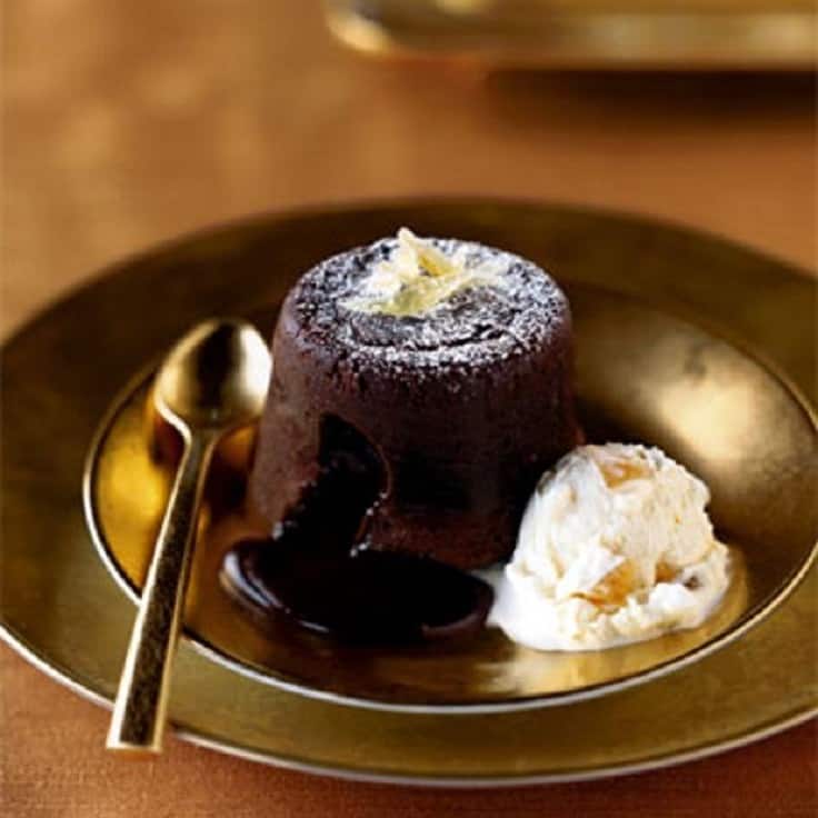 Winter spiced molten chocolate cake with rum ginger ice cream
