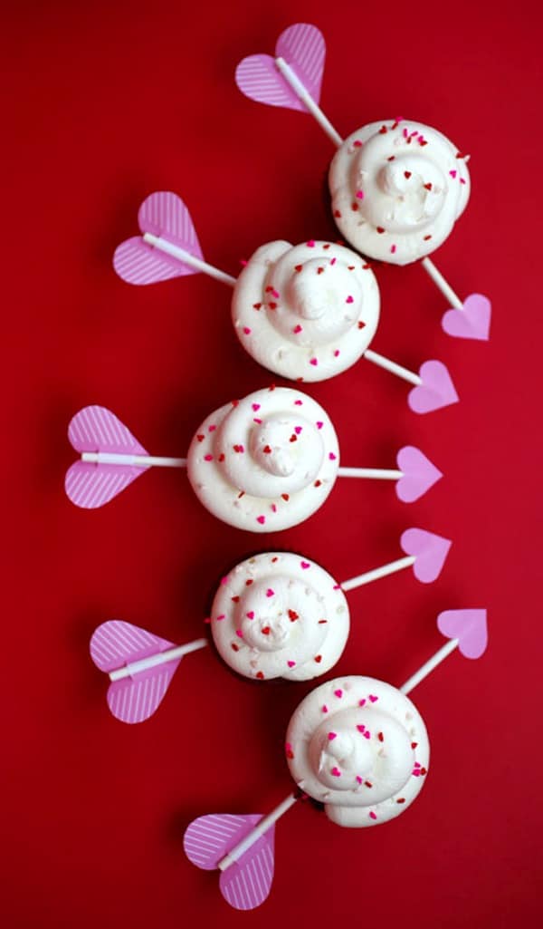 Red velvet Cupid’s arrow cupcakes