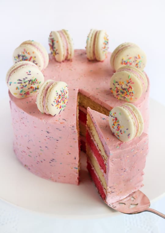 Pink cake with macaroons