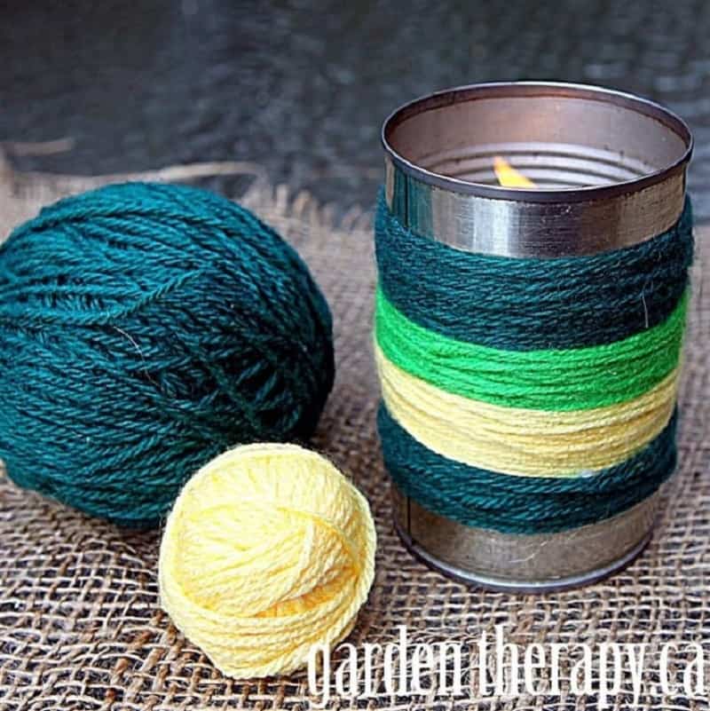 Yarn wrapped tin can candles holder