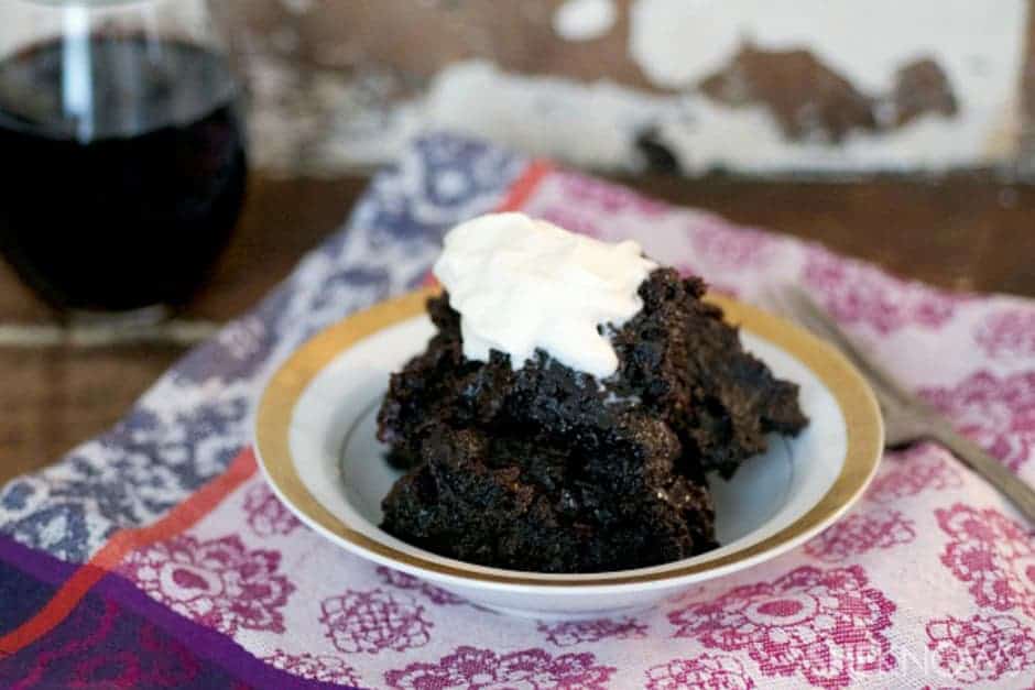 Super fudgy slow cooker red wine cake