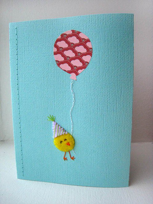 Felt chick and paper balloon embroidery card