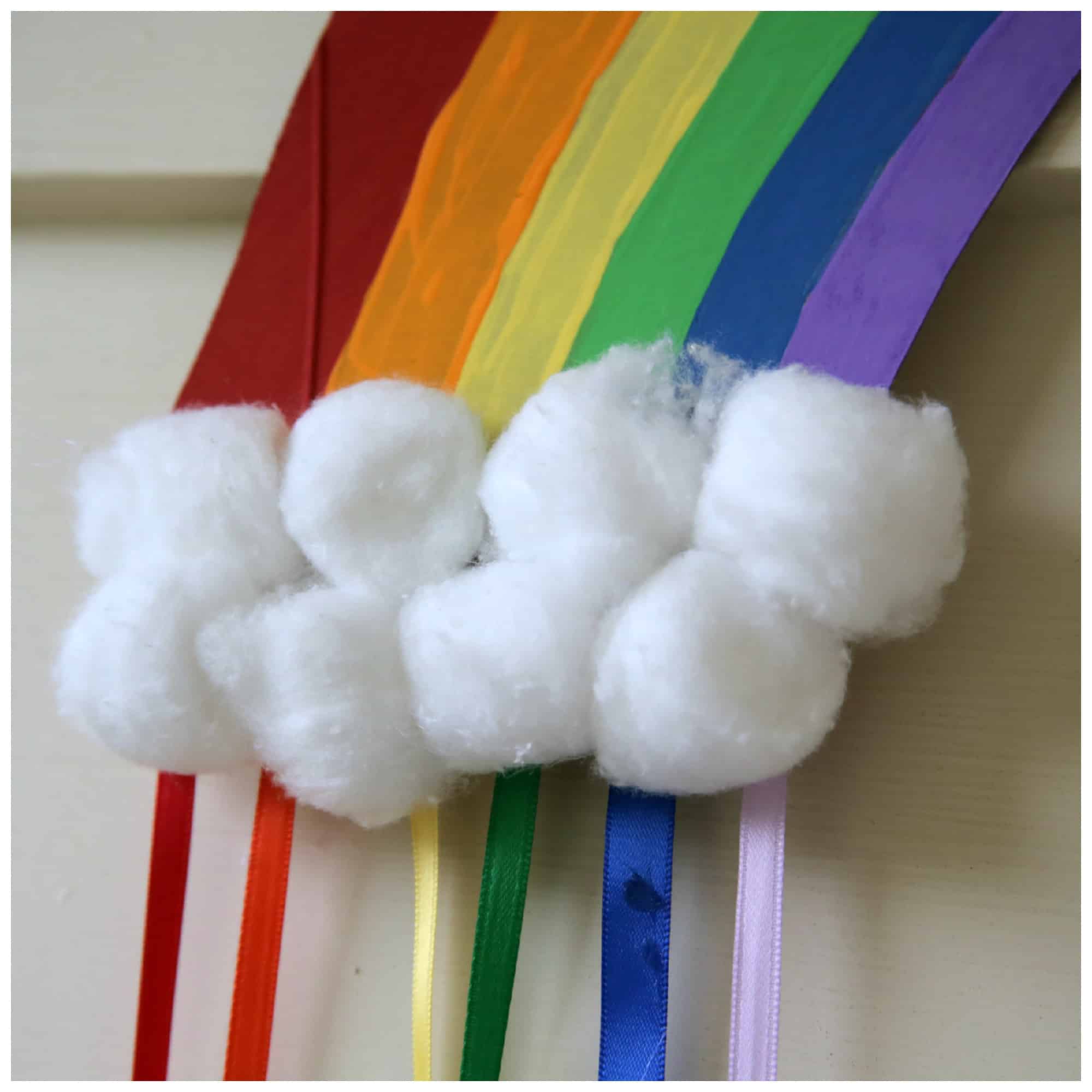 Cotton ball rainbow clouds with ribbons