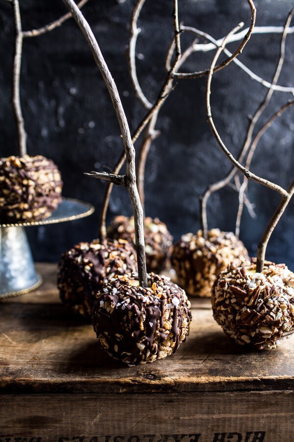 Healthy chocolate nut caramel apples with no butter or sugar