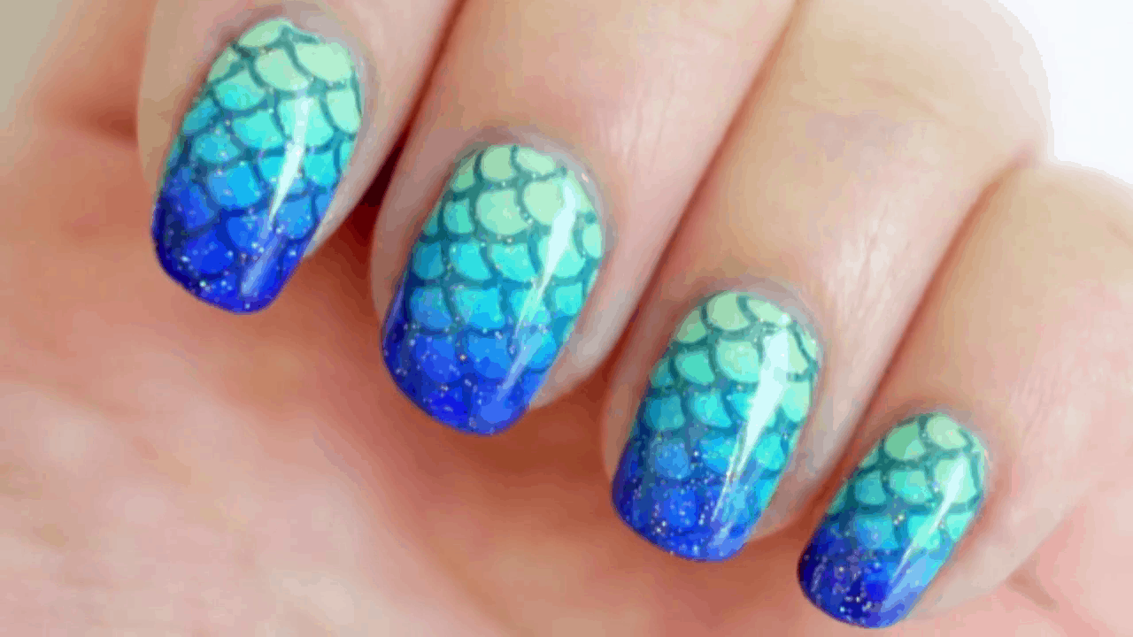 Blue scale mermaid nails