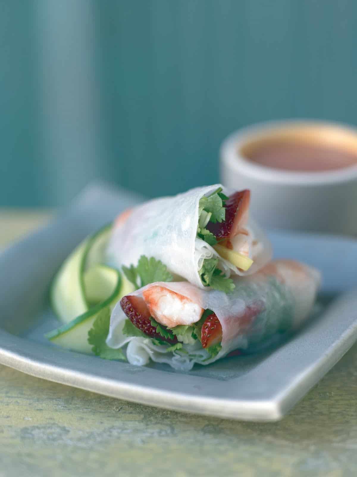 Shrimp and strawberry summer rolls with strawberry dipping sauce