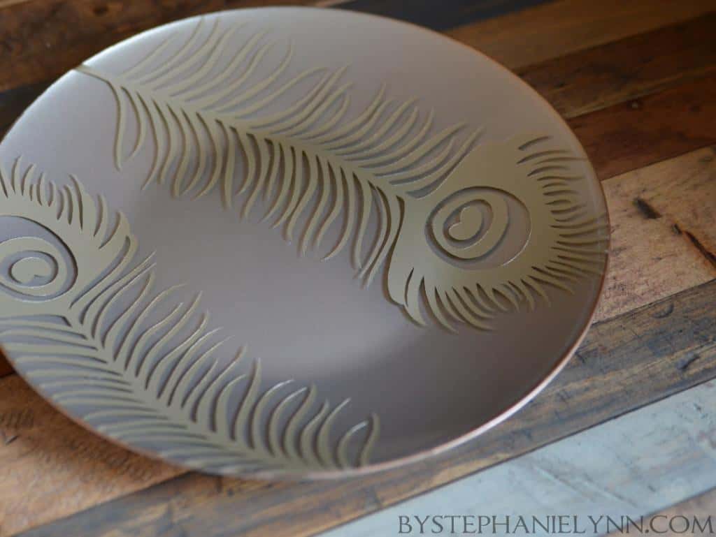 Metallic painted peacock feather plates