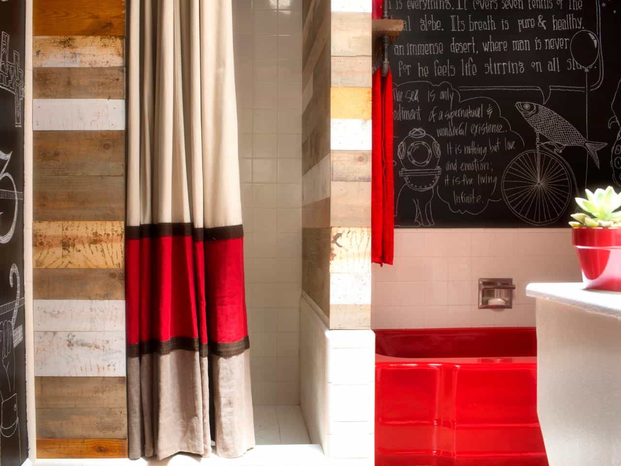 No-sew striped shower curtain using drapery panels