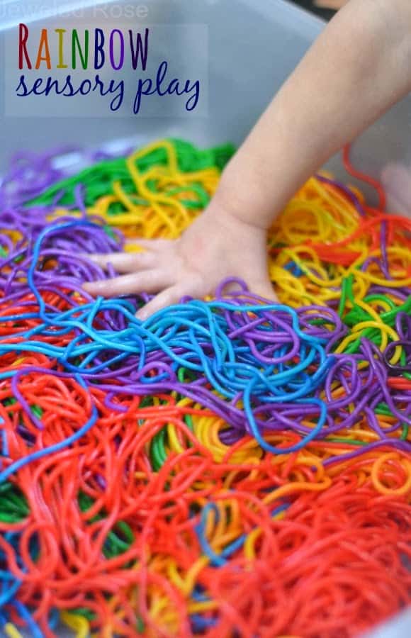 Rainbow noodle sensory play