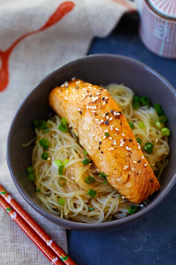 Salmon teriyaki noodles