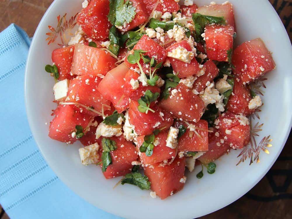 Watermelon, watercress, and feta salad