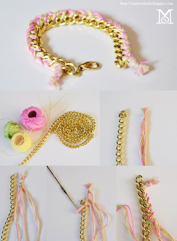 Chain and yarn braided bracelet