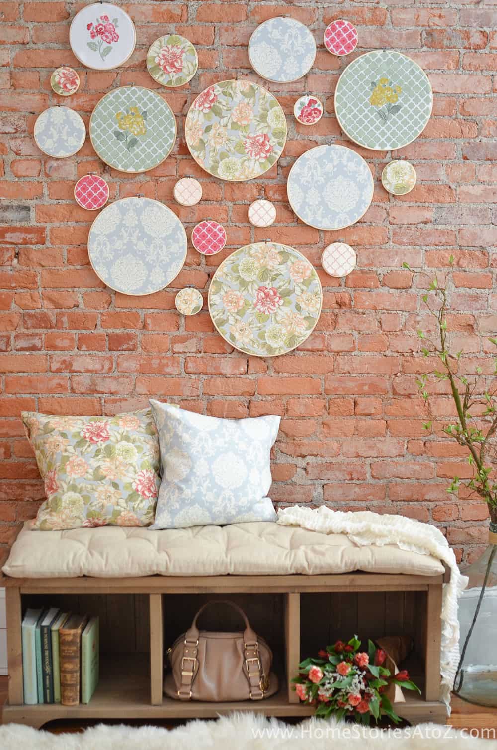Embroidery hoop stretched fabric wall art