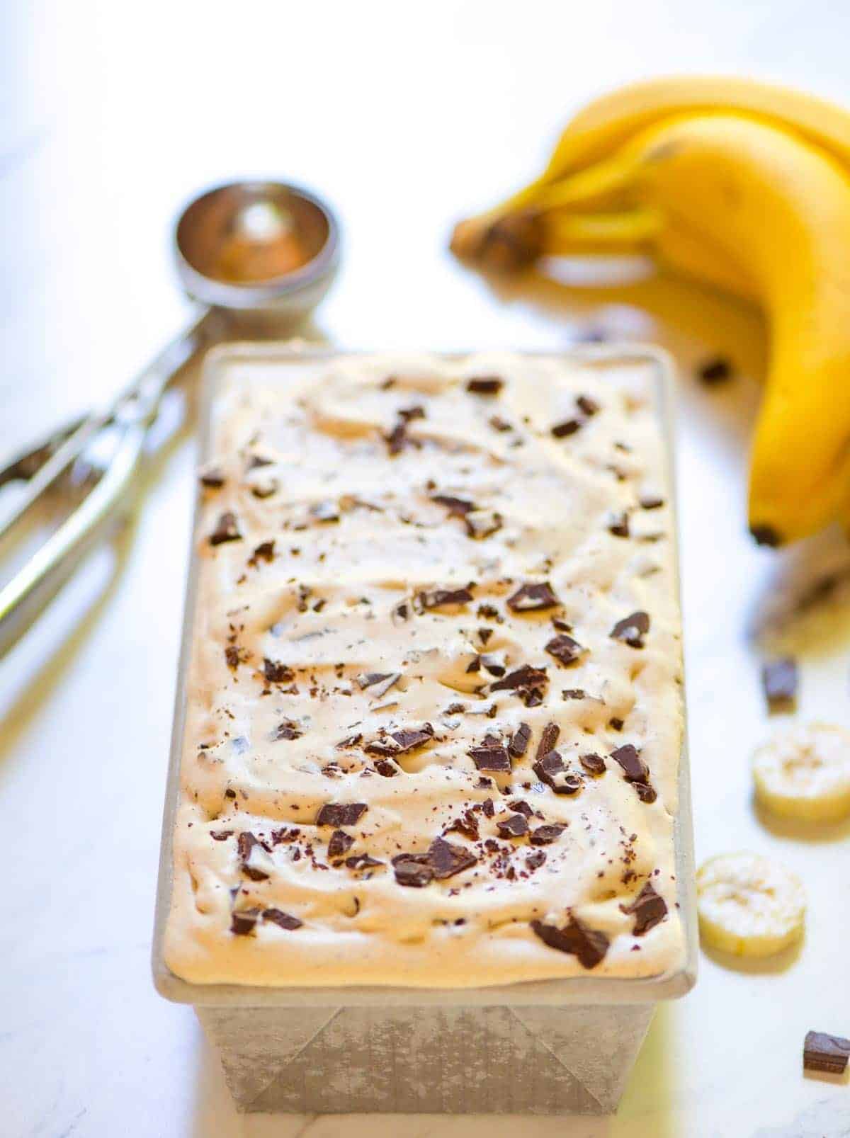Homemade banana ice cream with shave chocolate