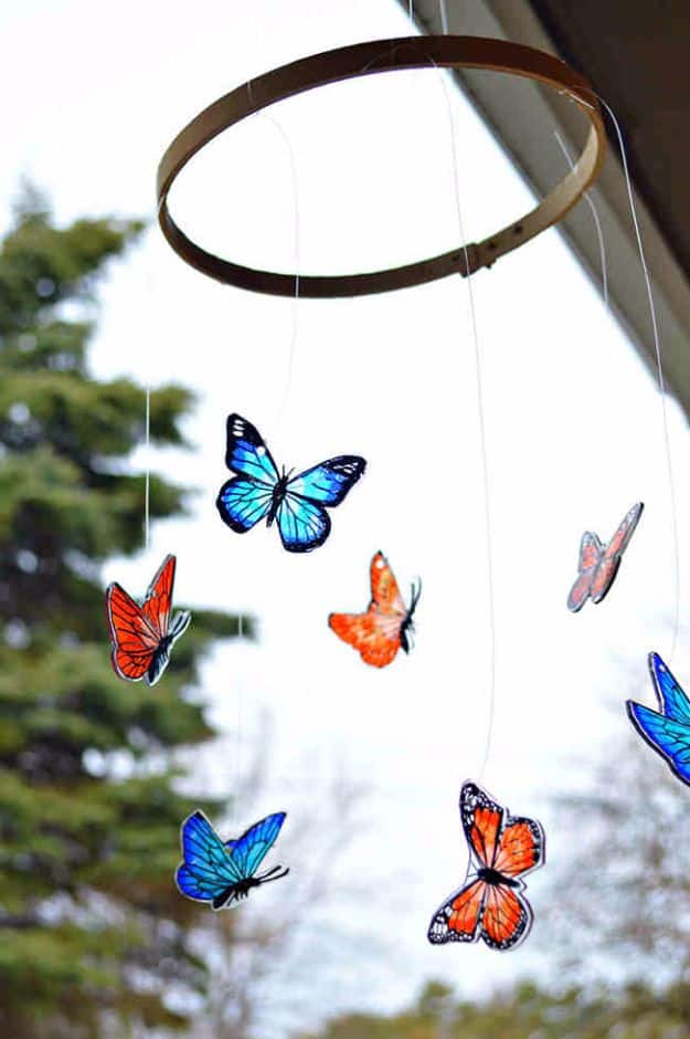 Shrink plastic and embroidery hoop butterfly mobile