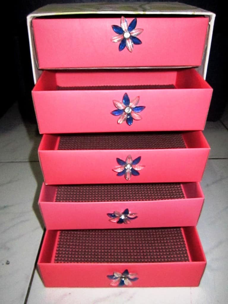 DIY shoebox jewelry box with drawers