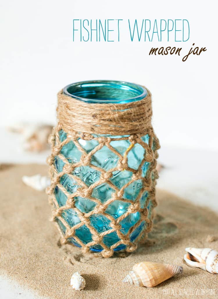 Fishnet wrapped seaside mason jar