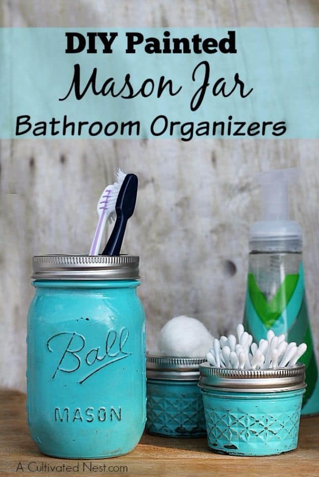 Painted mason jar bathroom organizers
