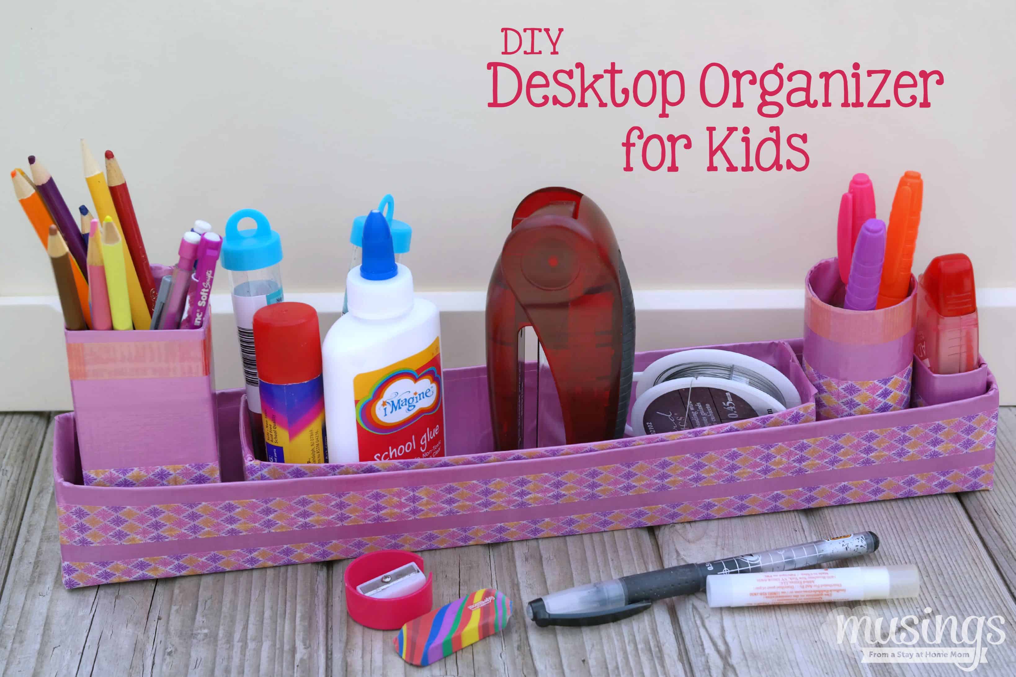 Cardboard and washi tape desk organizer for kids