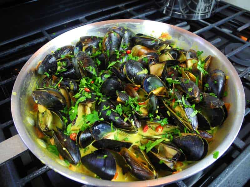 Carribbean style coconut curry mussels