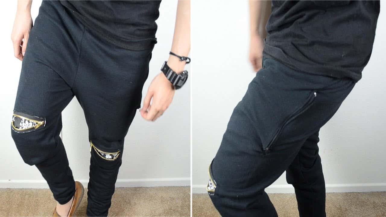 DIY zippered sweatpants with peekaboo knees