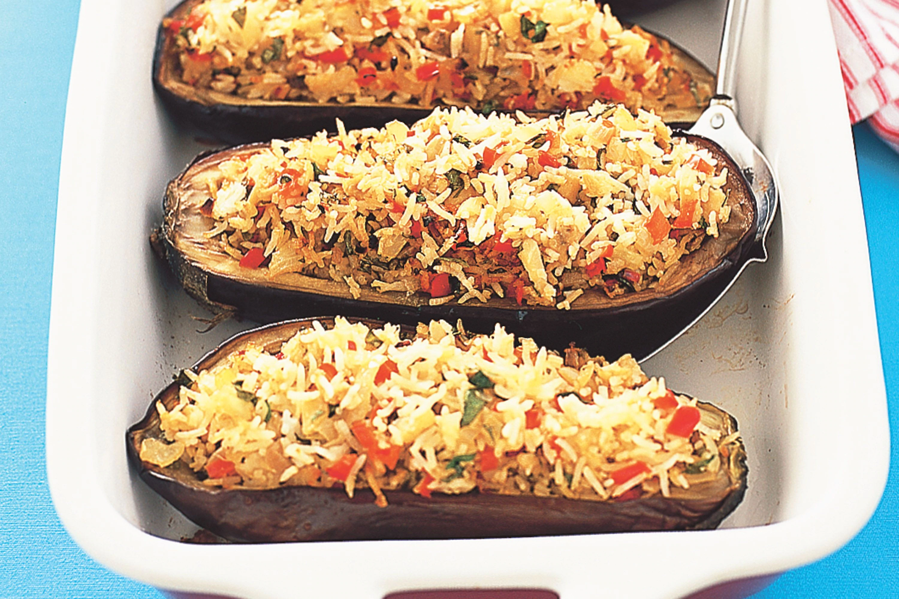 Spicy rice-filled eggplant