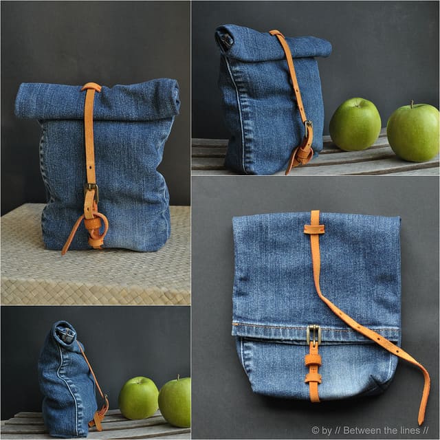 Denim and leather strap rolling lunch bag
