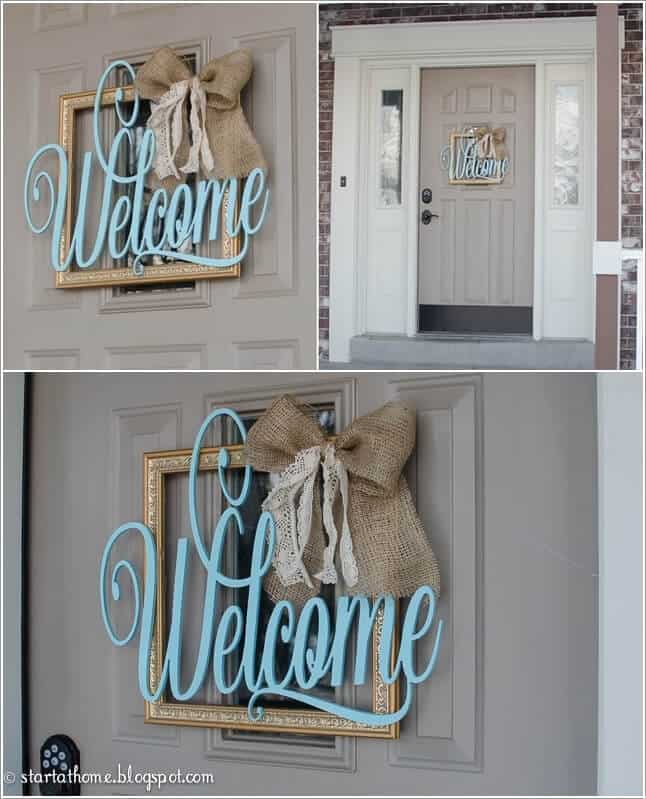 Gold painted frame and burlap bow sign 15 Creative DIY Welcome Sign Projects