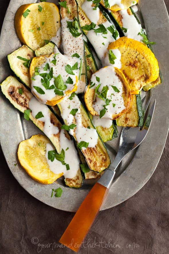 Grilled zucchini and summer squash with yoghurt cumin sauce