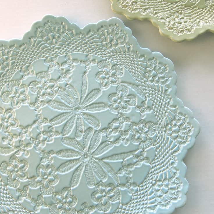 Lace pressed clay dishes Craft Lace Ideas: How to Use Lace Fabric at Home